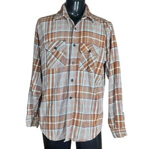 Big Mike Flannel Mens XL Vintage 1970s Union Made In USA Work Shirt Brown Plaid